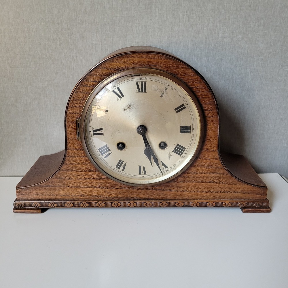 Antique German Mechanical Mantel Clock – Napoleon Hat Wood Case with Key, 15"‎